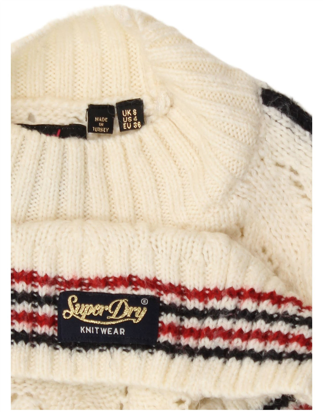 Suéter feminino Superdry com gola tartaruga UK 8 pequeno listrado branco