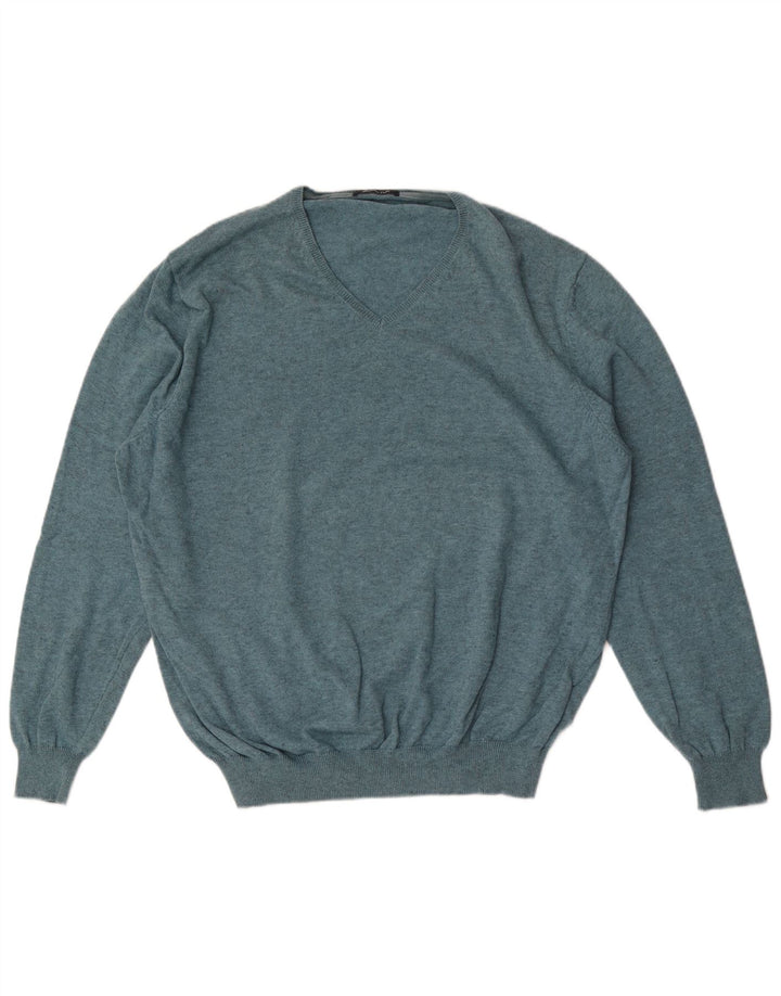 Suéter masculino Massimo Dutti com decote em V grande algodão azul
