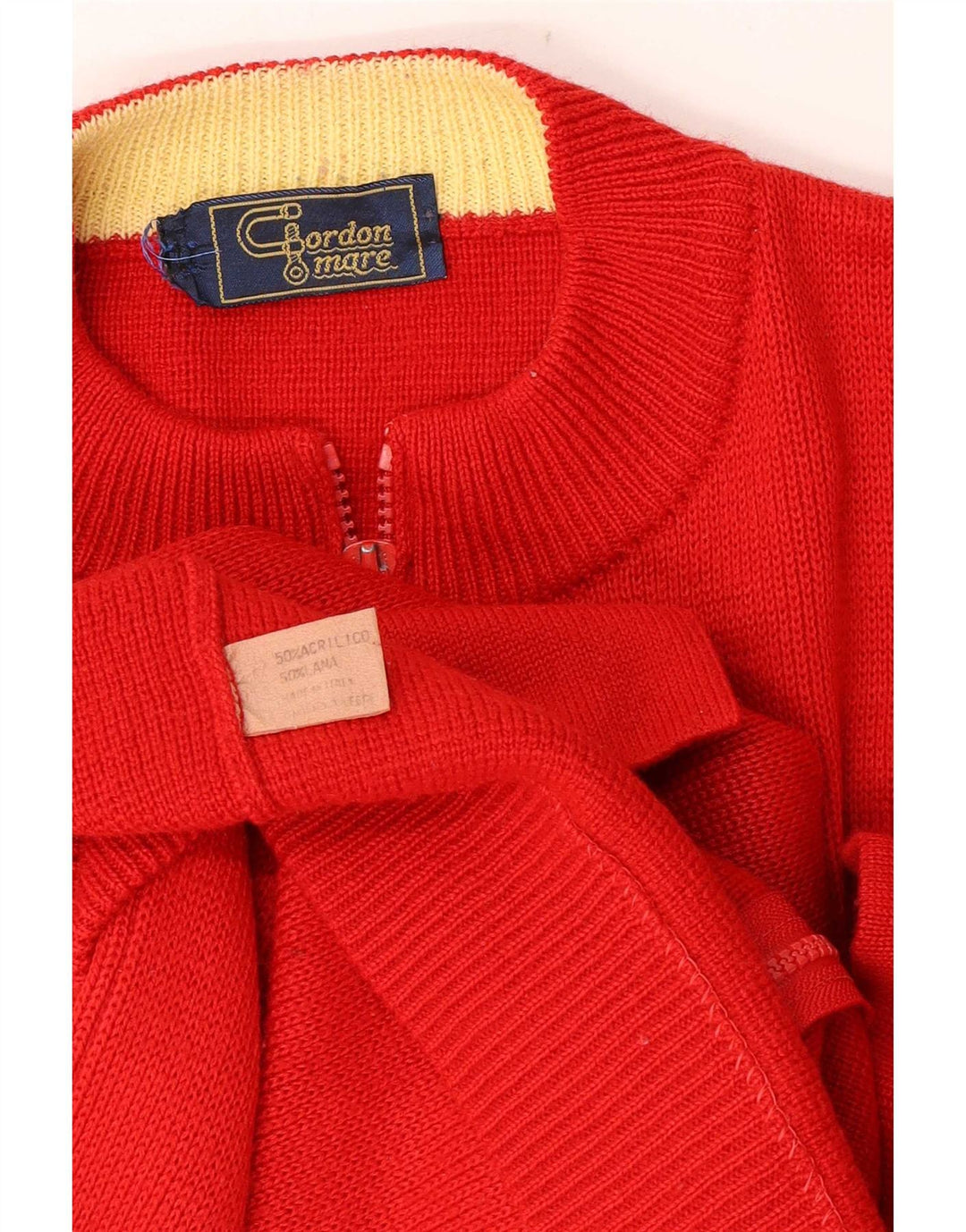 Suéter vintage masculino com zíper completo, cardigã vermelho médio em bloco colorido acrílico