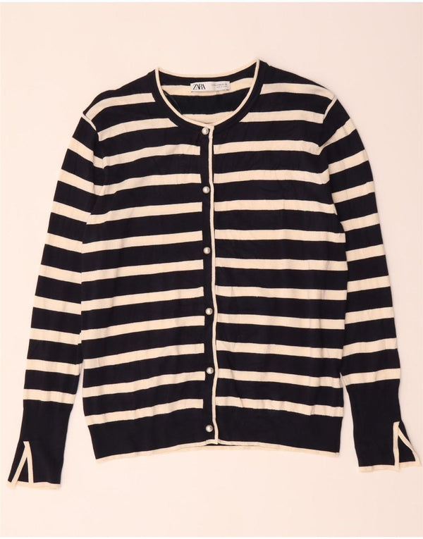 Suéter cardigã feminino Zara Reino Unido 20 2XL viscose listrada azul marinho
