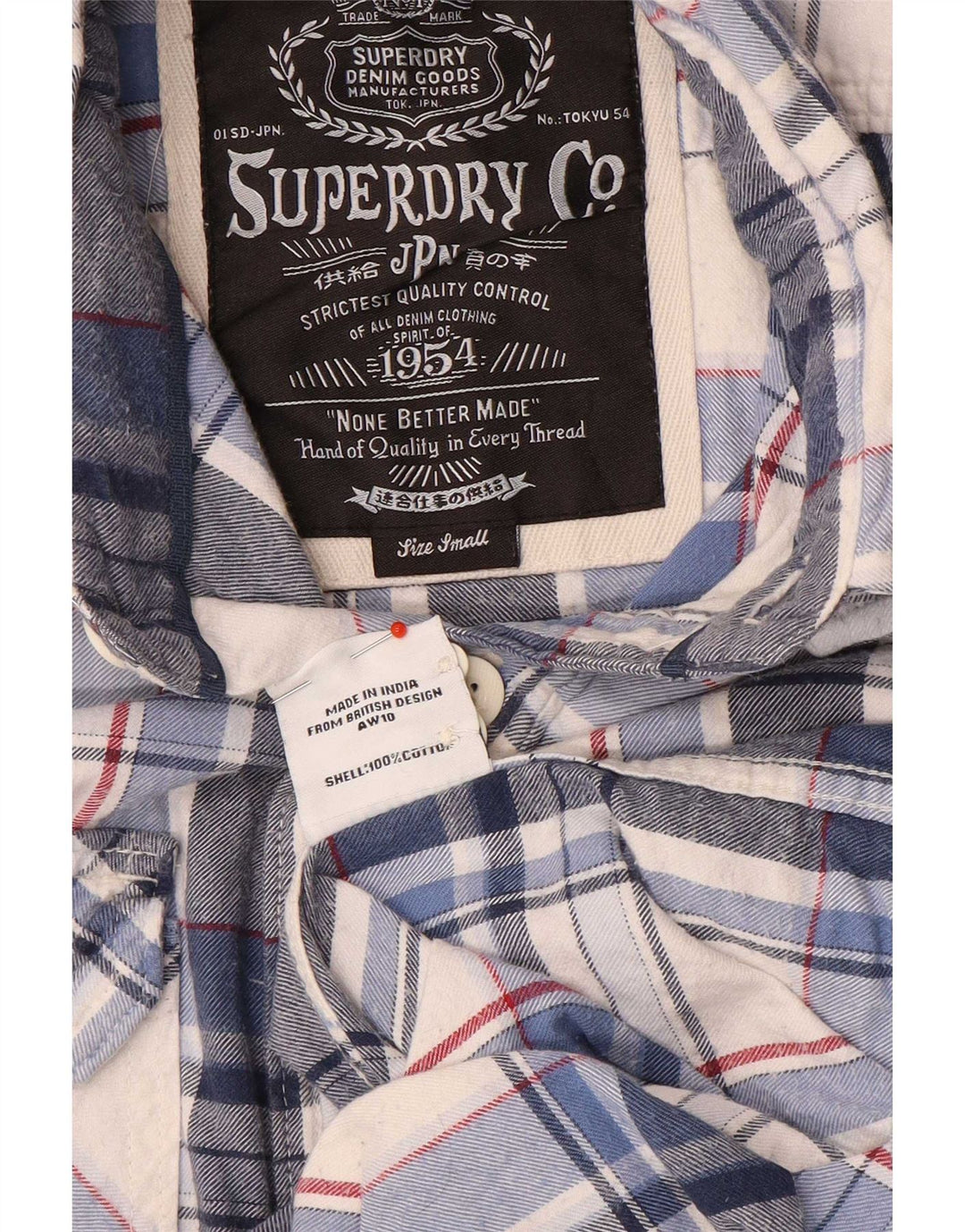 Camisa masculina de flanela Superdry pequena azul xadrez algodão