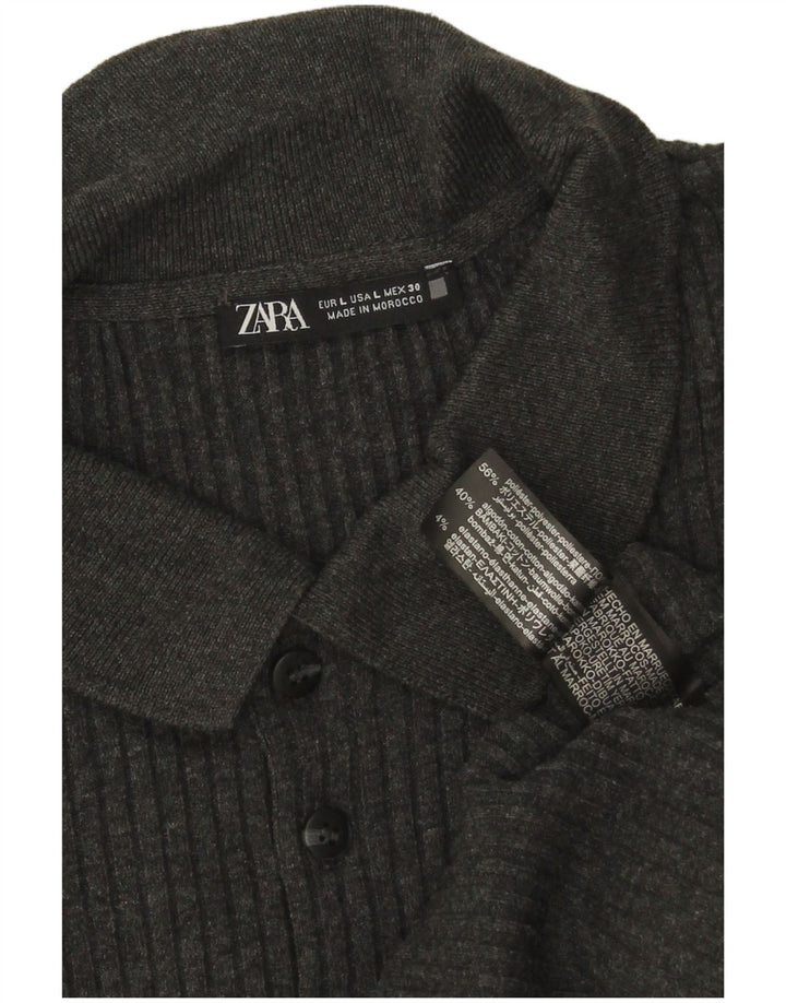 Zara Suéter masculino com gola polo e poliéster cinza grande