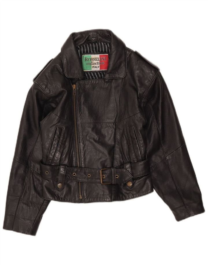 Jaqueta de motociclista de couro vintage feminino UK 8 couro preto pequeno