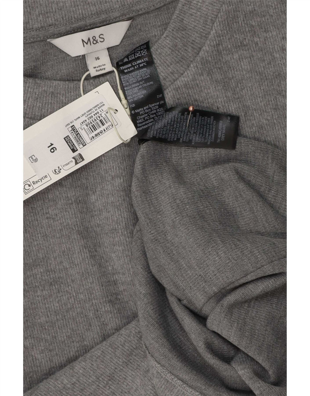 Camiseta feminina Marks & Spencer UK 16 grande poliéster cinza