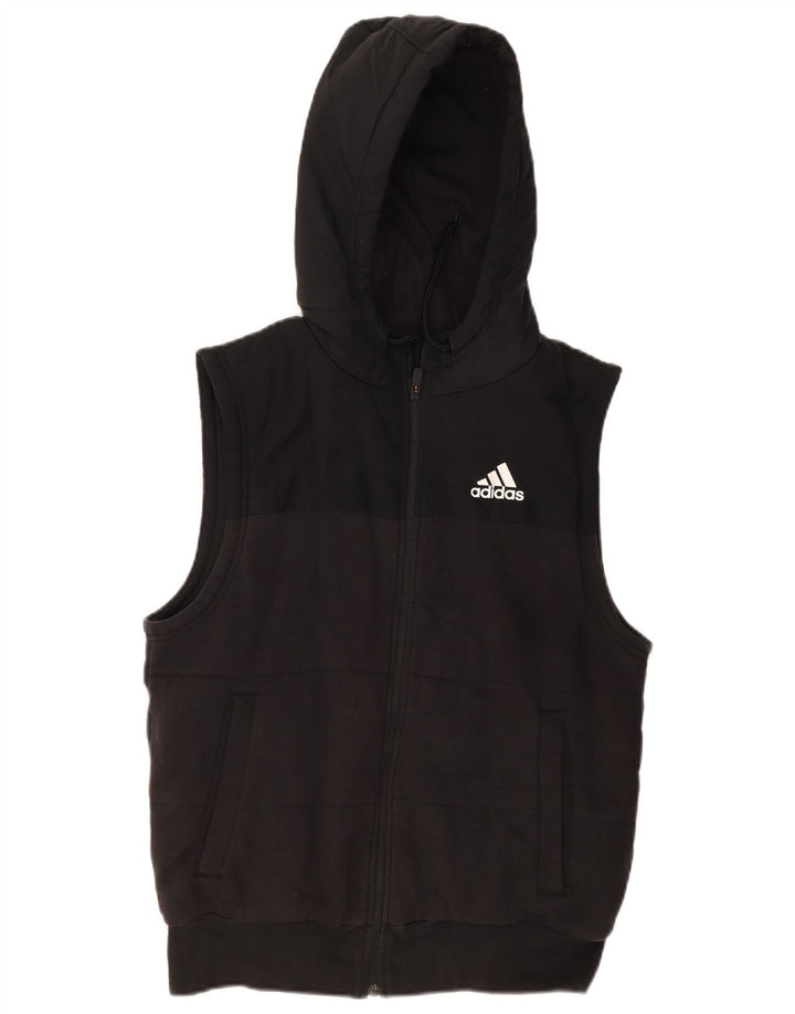 Suéter masculino Adidas sem mangas com capuz e zíper de algodão preto médio
