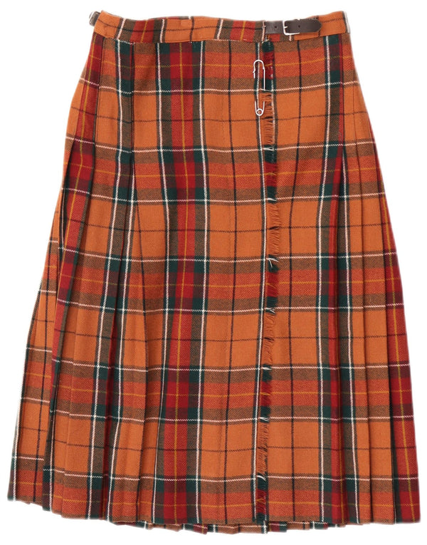 Saia plissada feminina vintage Reino Unido 18 XL W28 lã virgem xadrez laranja