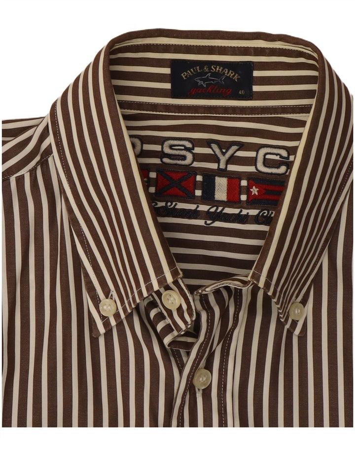Camisa masculina Paul & Shark tamanho 40 algodão listrado marrom médio