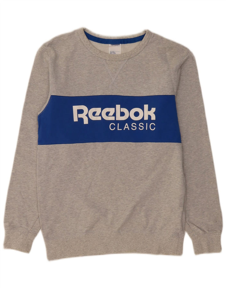 REEBOK moletom gráfico masculino jumper pequeno cinza colorblock algodão