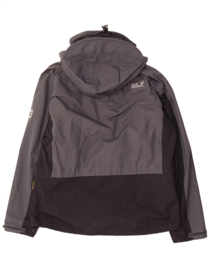 Jaqueta de chuva masculina com capuz Jack Wolfskin Reino Unido 36/38 bloco colorido cinza médio