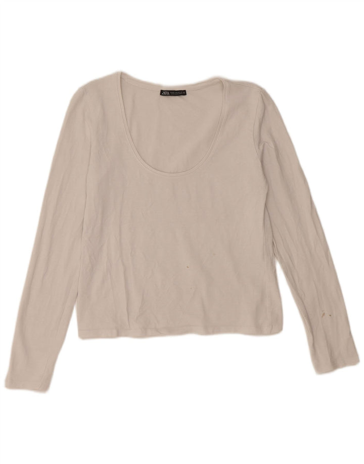 Zara Womens Crop Top Manga Longa Reino Unido 12 Médio Algodão Branco
