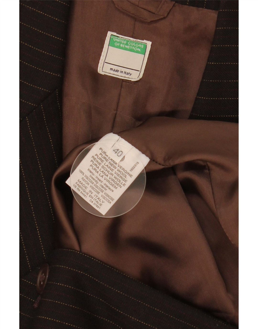 Jaqueta blazer feminina de 2 botões Benetton IT 40 pequena listra marrom lã nova