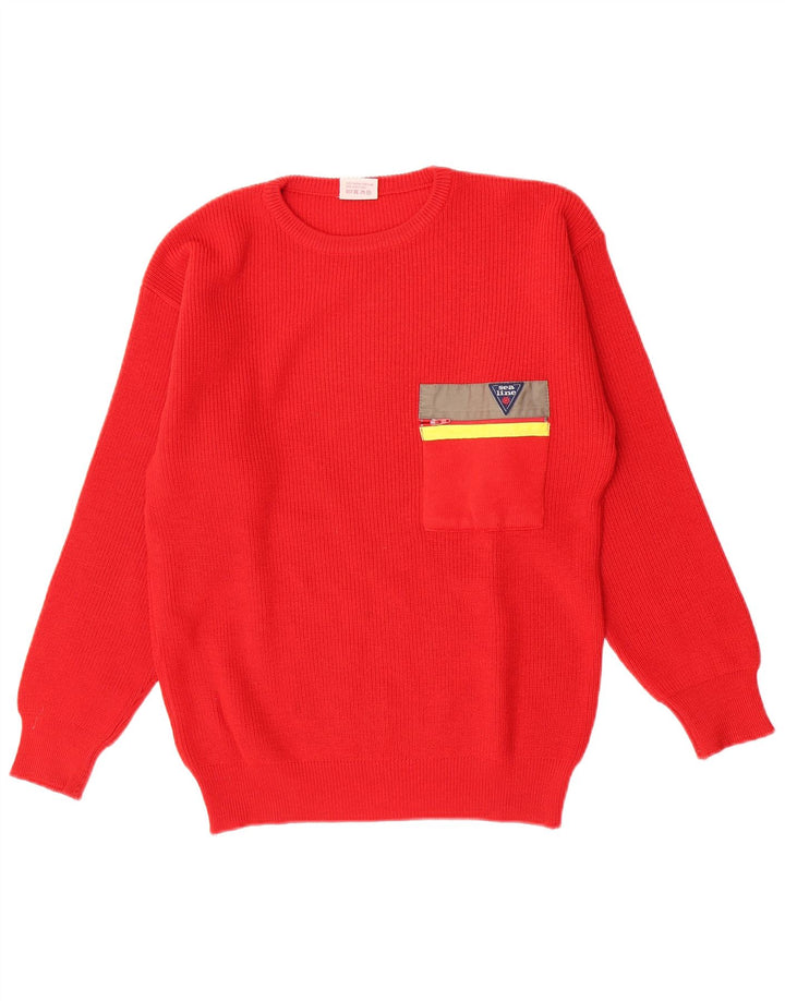 Suéter vintage masculino com gola redonda, lã virgem vermelha média