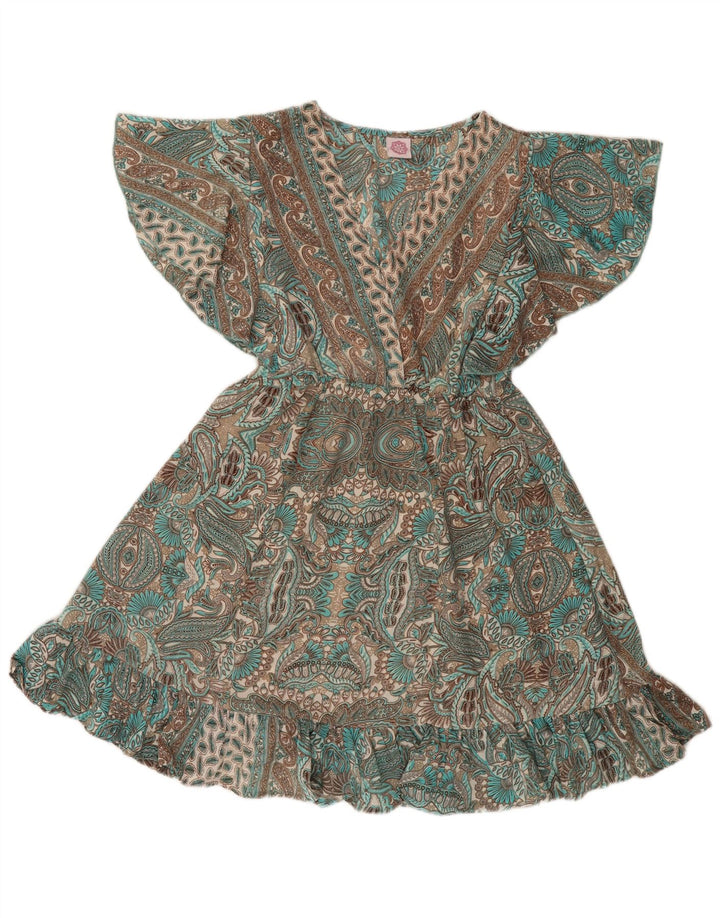 Vestido Império Feminino Vintage Reino Unido 12 Poliéster Paisley Verde Médio