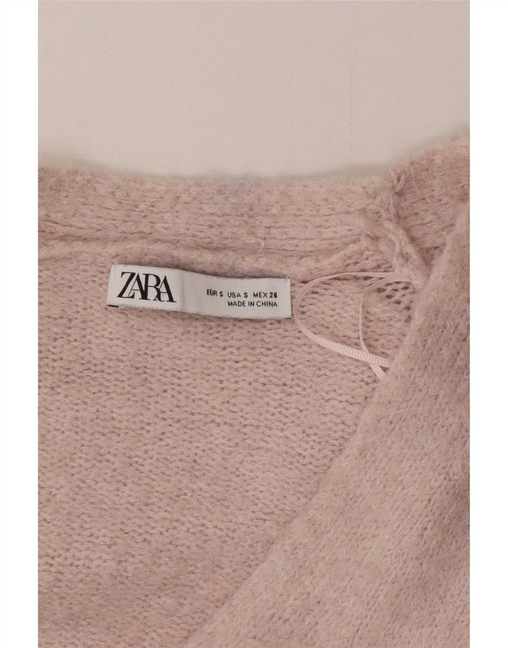 Suéter cardigã oversized Zara feminino com palangre Reino Unido 10 pequeno poliéster rosa
