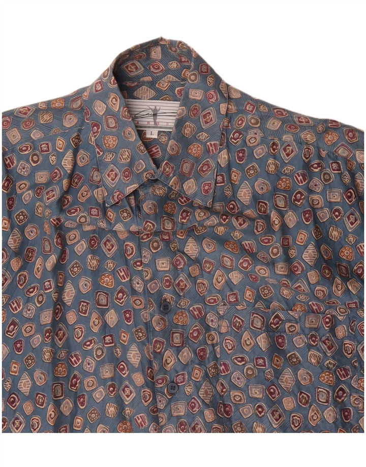 CARUSO Camisa masculina de manga curta grande seda geométrica azul