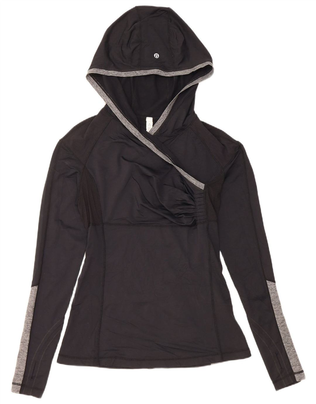 Lululemon blusa feminina com capuz manga comprida US 8 médio preto colorblock nylon