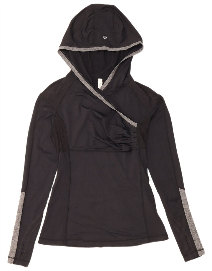 Lululemon blusa feminina com capuz manga comprida US 8 médio preto colorblock nylon