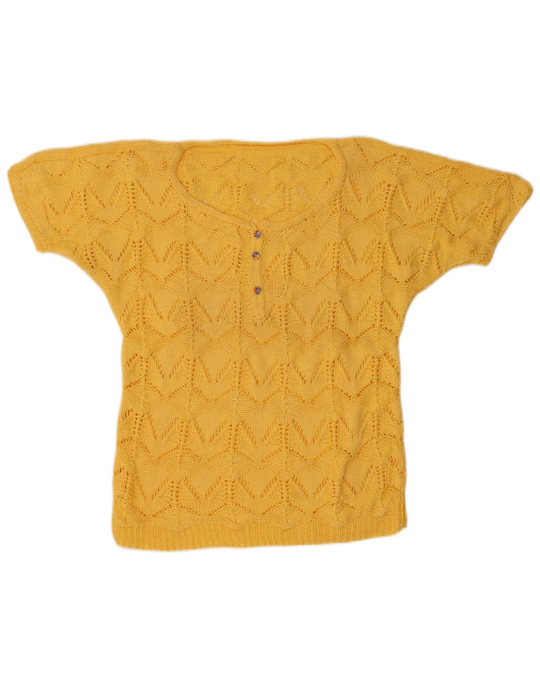 Suéter feminino vintage de manga curta com botão e pescoço Reino Unido 14 amarelo médio