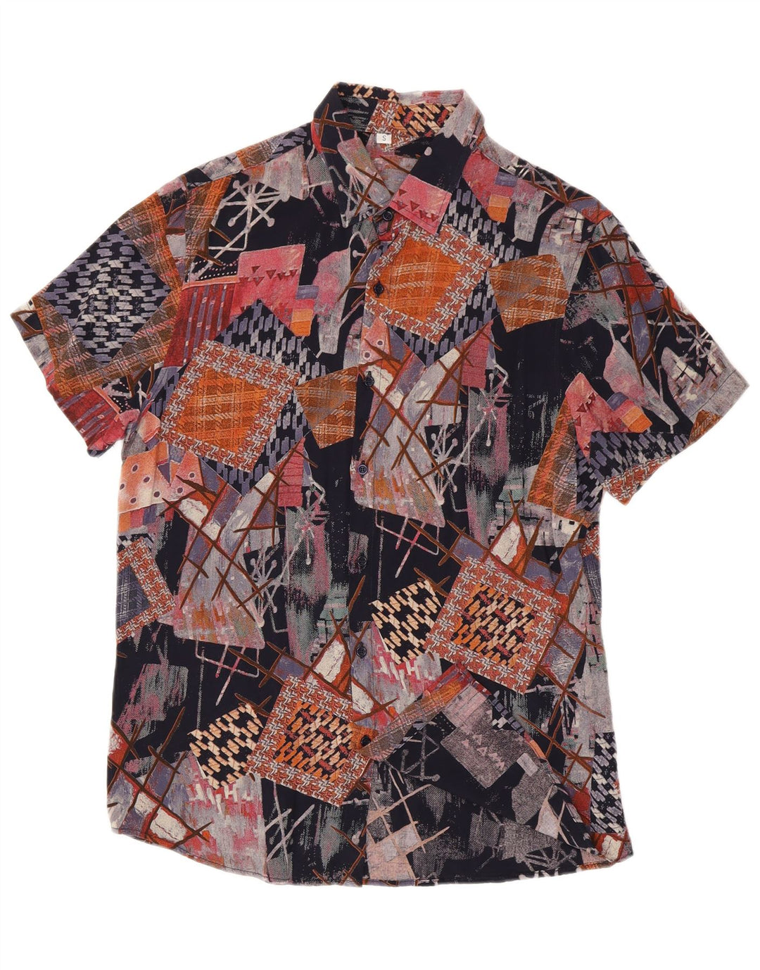 Camisa masculina vintage de manga curta pequena viscose geométrica multicolorida