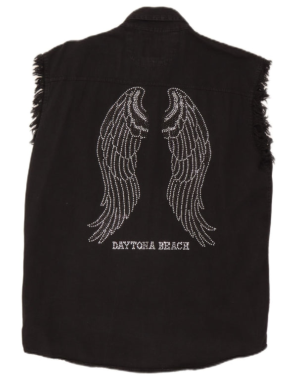 Camisa jeans feminina estampada sem mangas Bikers Reino Unido 16 grande algodão preto