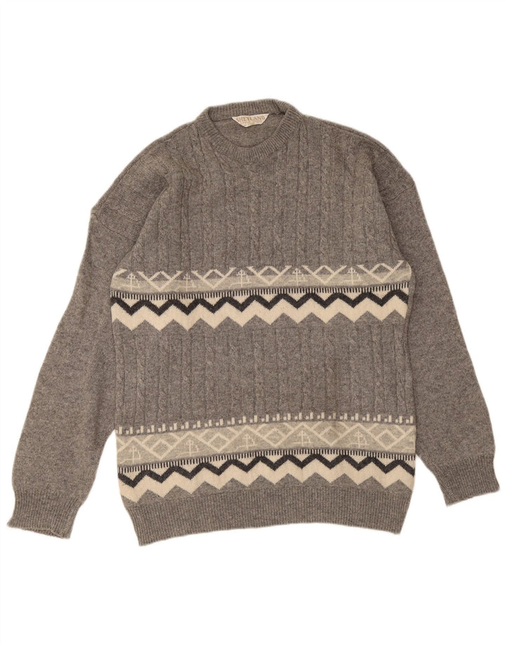 Suéter vintage masculino com gola redonda e lã geométrica cinza médio