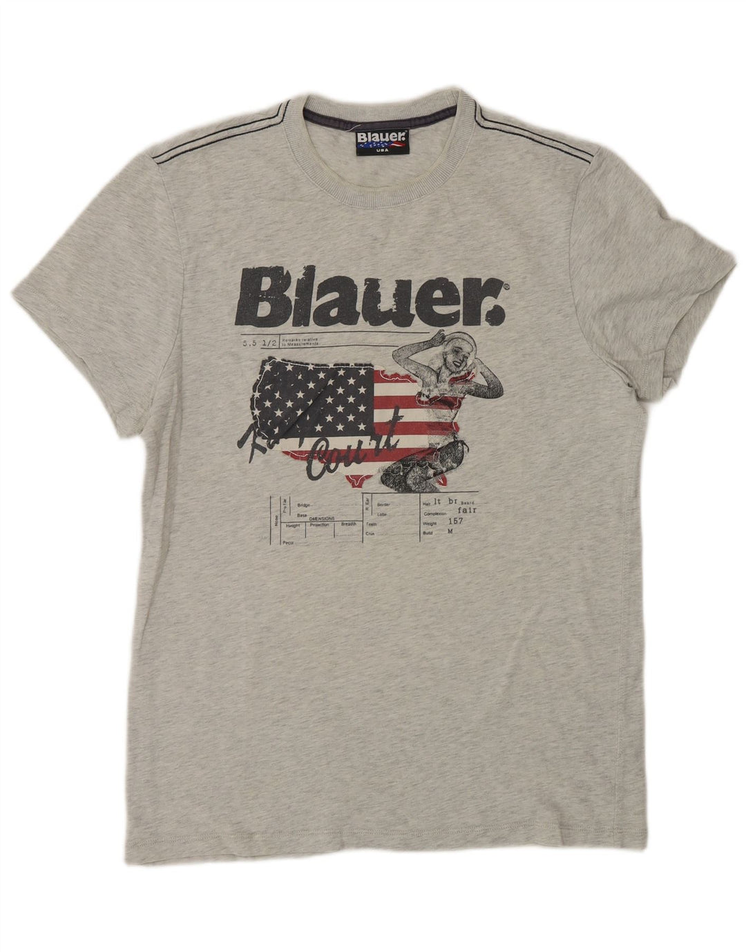 Blauer Camiseta masculina gráfica Top algodão cinza médio