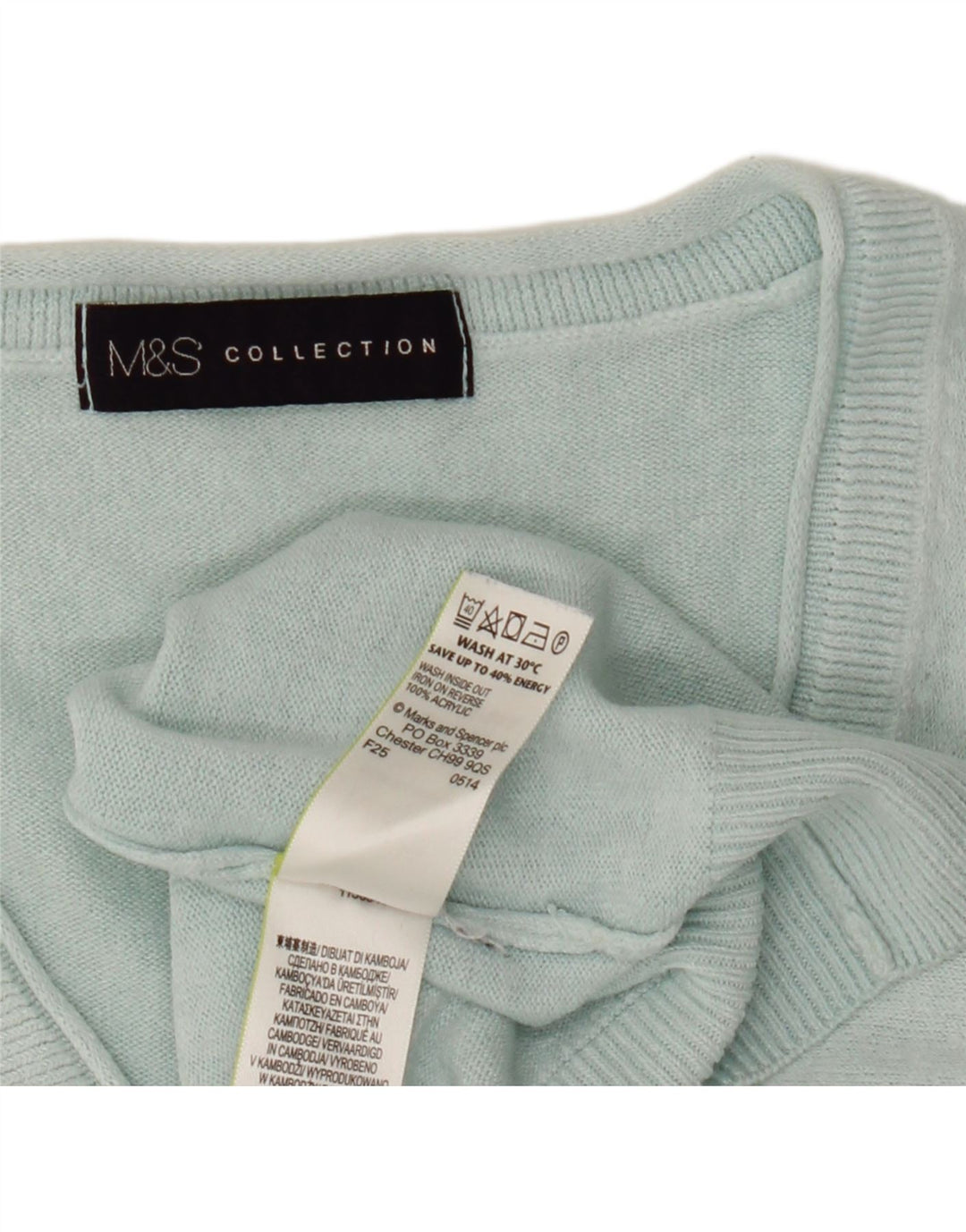 Suéter feminino Marks & Spencer com decote em V Reino Unido 12 acrílico azul médio