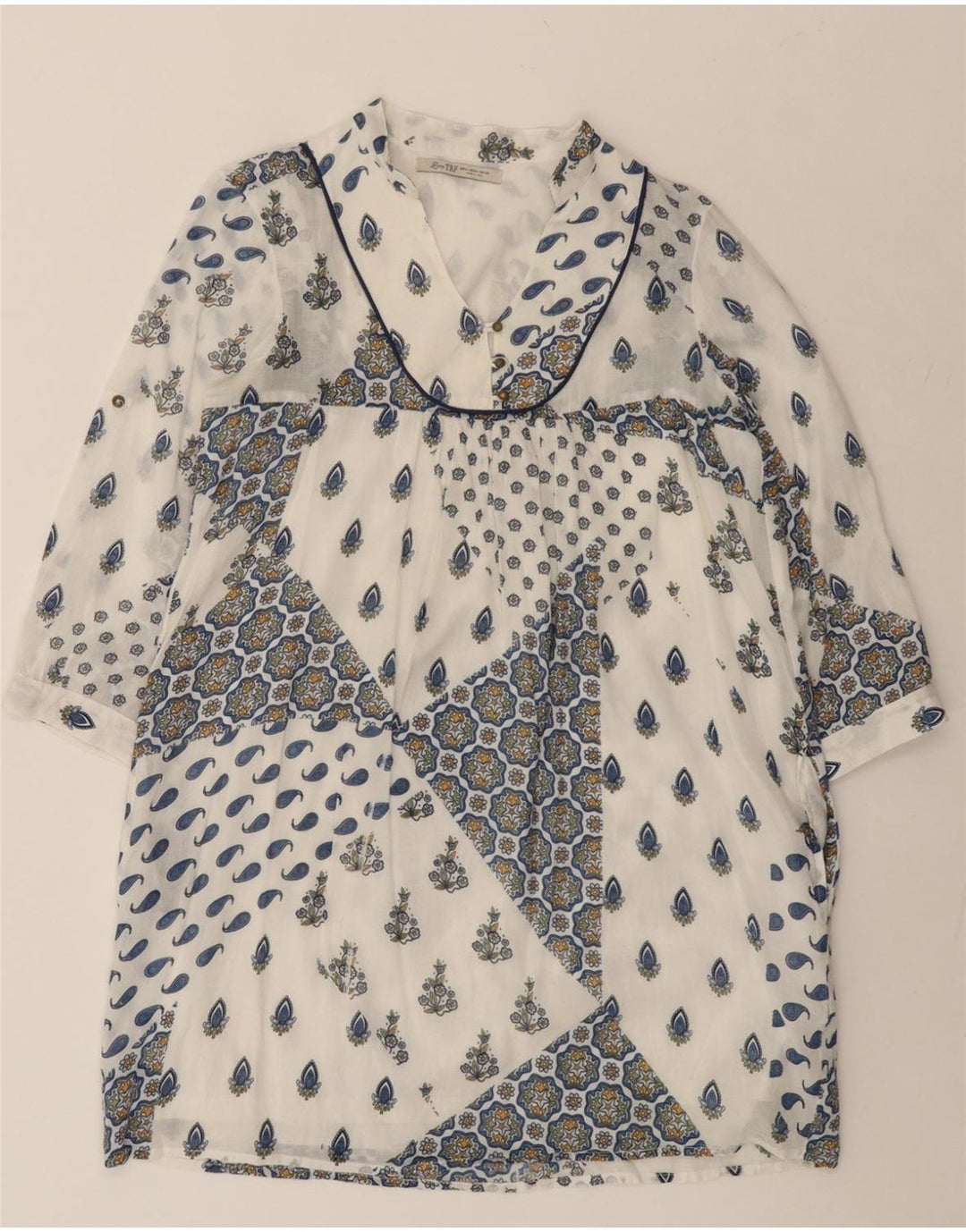 ZARA Vestido feminino manga 3/4, Reino Unido 12, médio, branco, algodão paisley