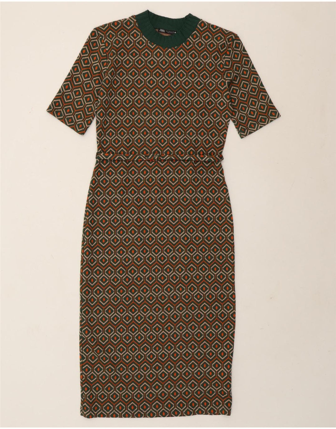 Vestido bainha feminino Zara UK 10 pequeno poliéster geométrico verde