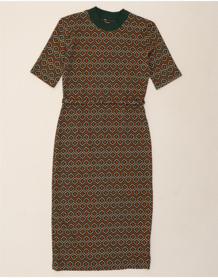 Vestido bainha feminino Zara UK 10 pequeno poliéster geométrico verde