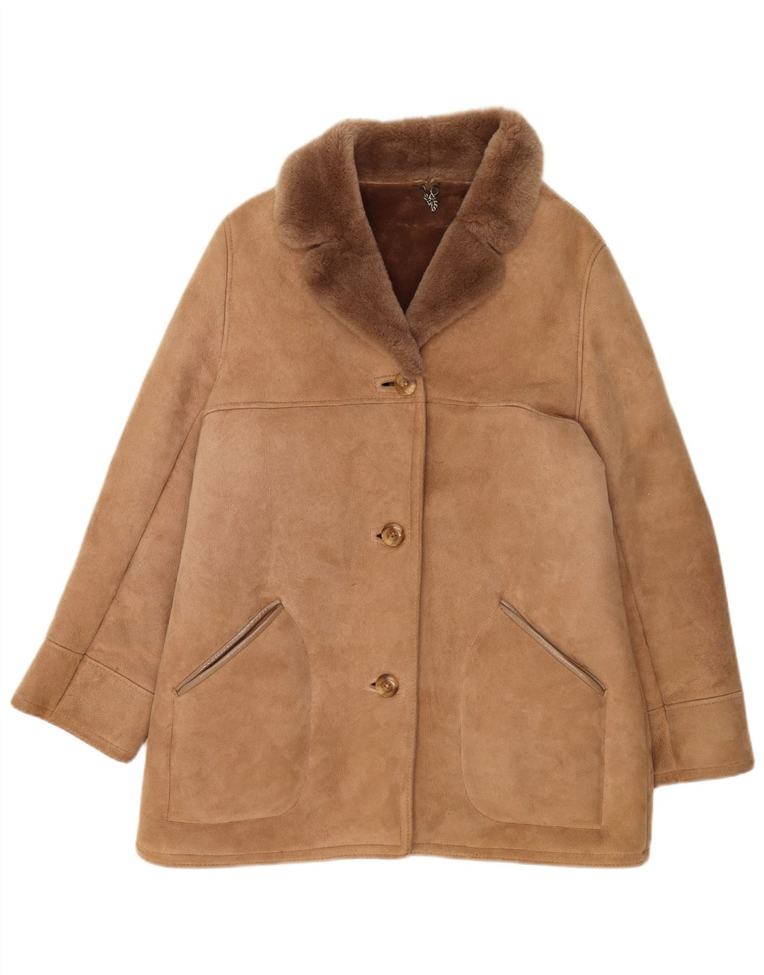 Casaco de shearling feminino vintage Reino Unido 16 grande pele de carneiro bege