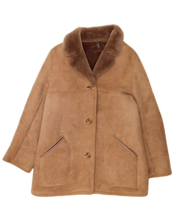 Casaco de shearling feminino vintage Reino Unido 16 grande pele de carneiro bege