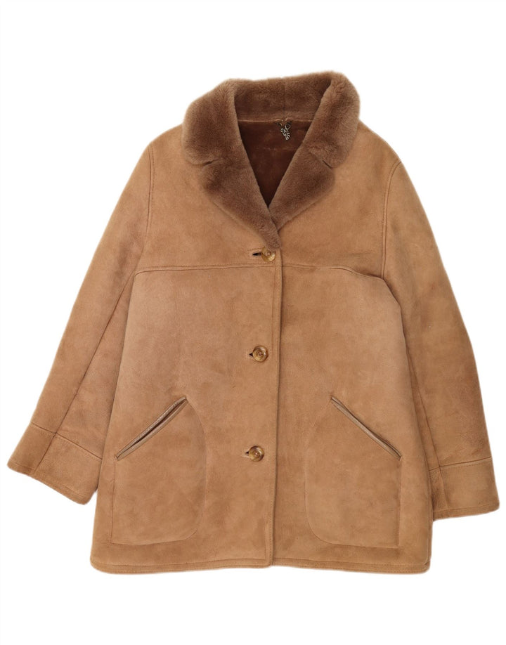 Casaco de shearling feminino vintage Reino Unido 16 grande pele de carneiro bege