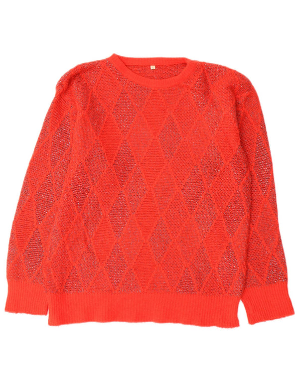 Suéter feminino vintage com gola redonda UK 10 pequeno vermelho Argyle/Diamante