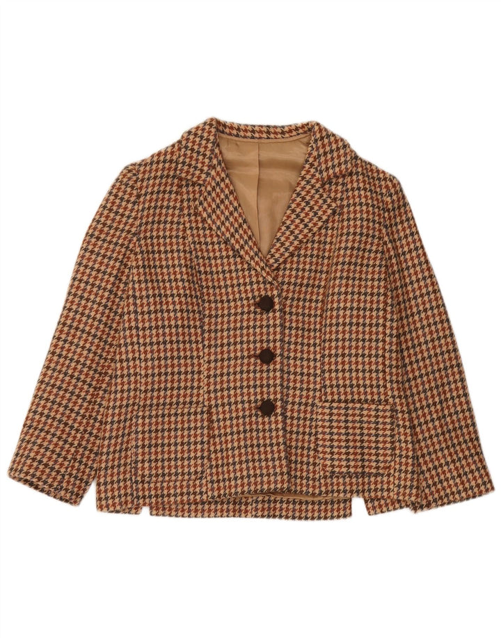 Jaqueta blazer feminina vintage com 3 botões UK 12 Houndstooth bege médio