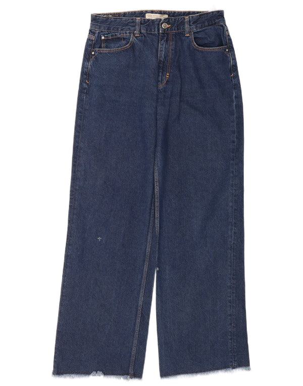 Zara Jeans feminino de perna larga EU 38 pequeno W28 L31 algodão azul marinho