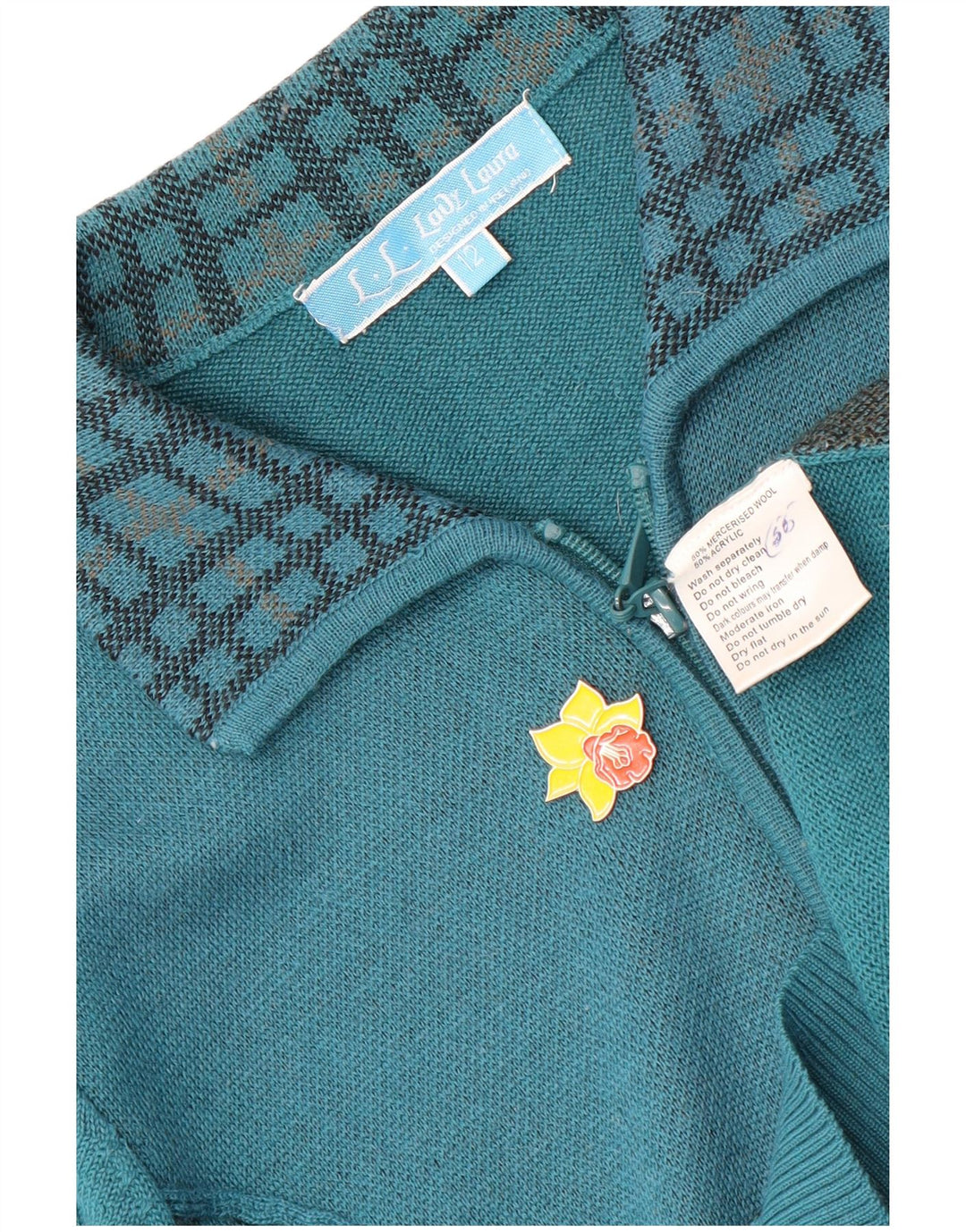 Suéter cardigã feminino vintage com zíper completo Reino Unido 12 xadrez azul médio