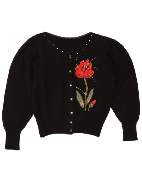 Suéter cardigan vintage feminino UK 14 médio preto floral