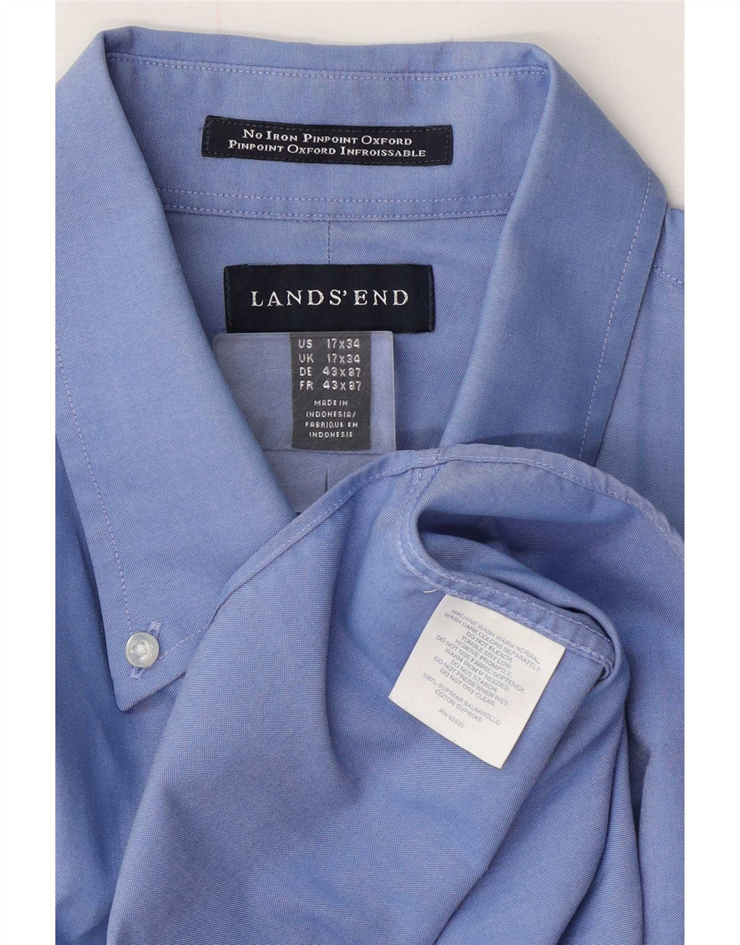 Camisa masculina Lands End tamanho 17 43 XL algodão azul