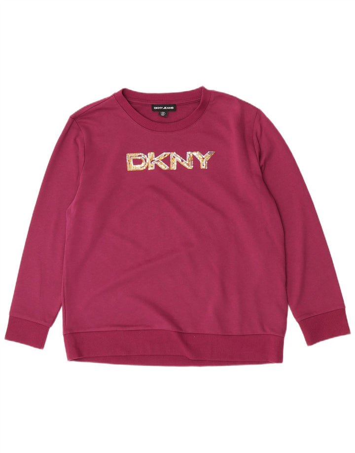 Suéter gráfico feminino Dkny UK 14 algodão roxo médio