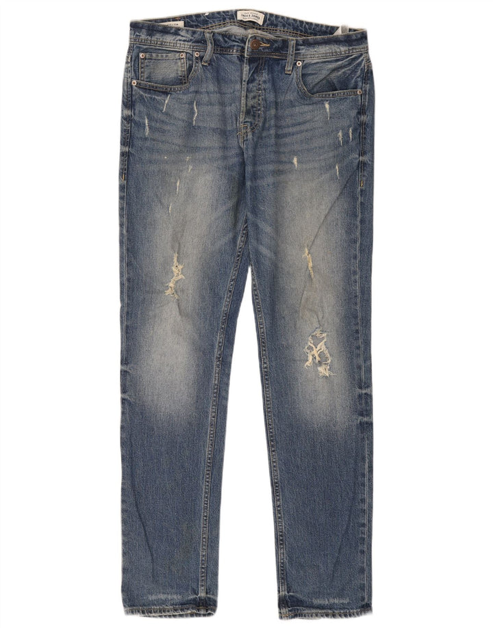 Jack & Jones Mens Tim Distressed Slim Jeans W32 L34 Azul Algodão