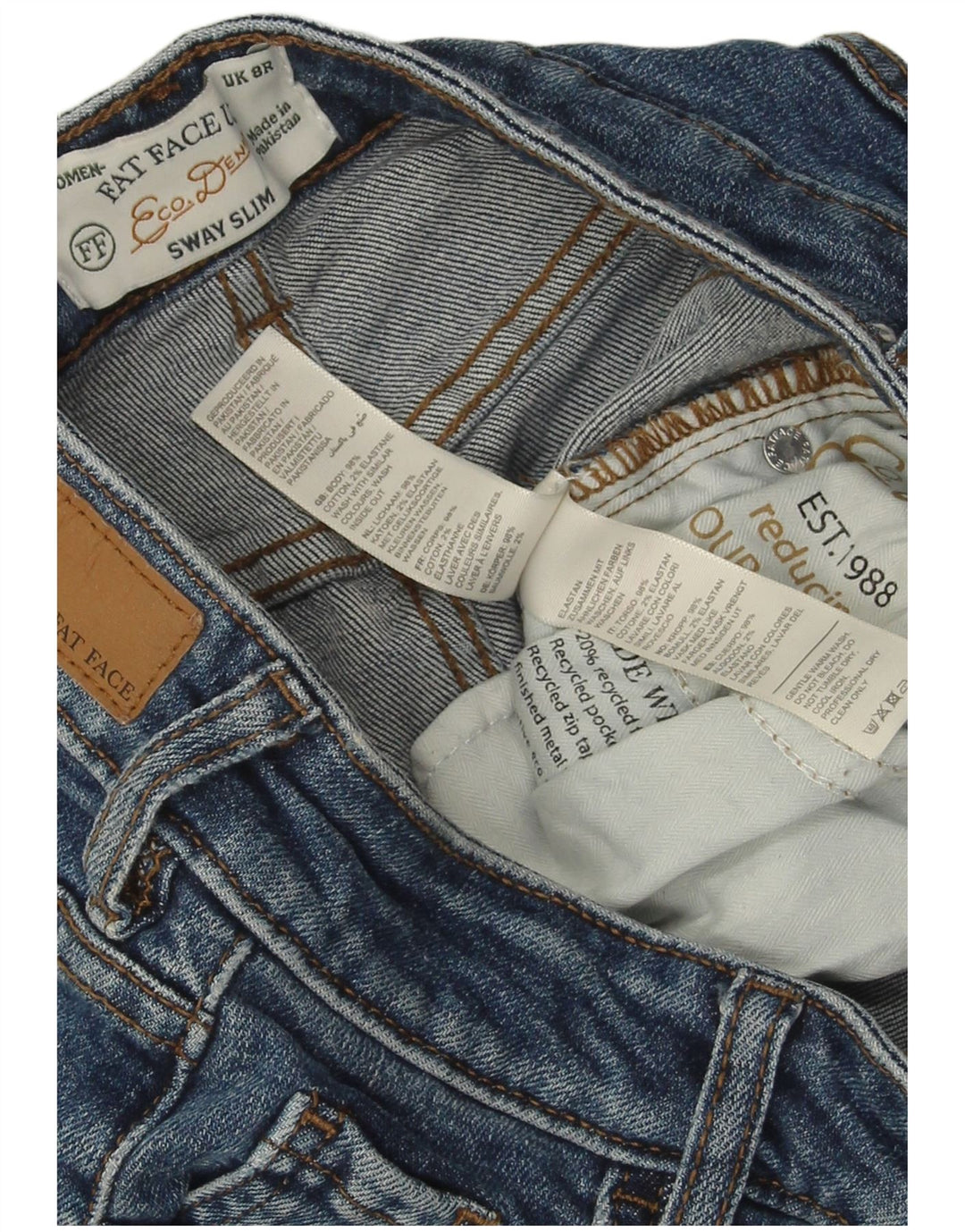 Calça jeans feminina Fat Face Sway Slim UK 8 pequena W26 L27 algodão azul