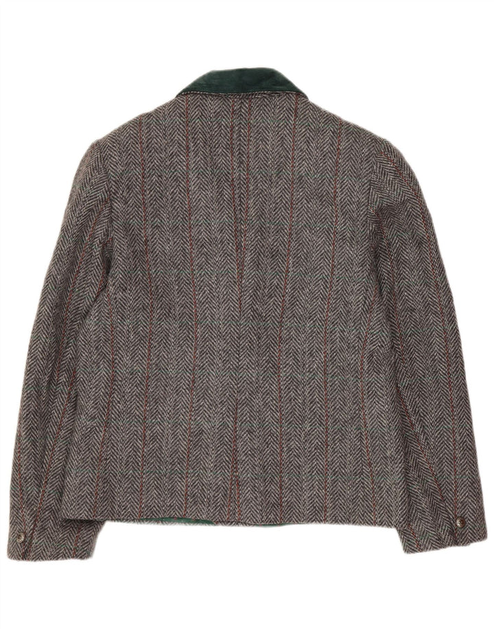 Jaqueta blazer feminina vintage com peito duplo Reino Unido 14 espinha de peixe cinza médio