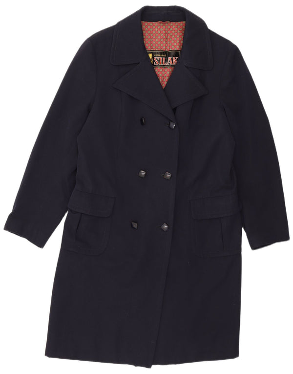 Casaco feminino vintage com peito duplo Reino Unido 14 lã virgem azul marinho médio