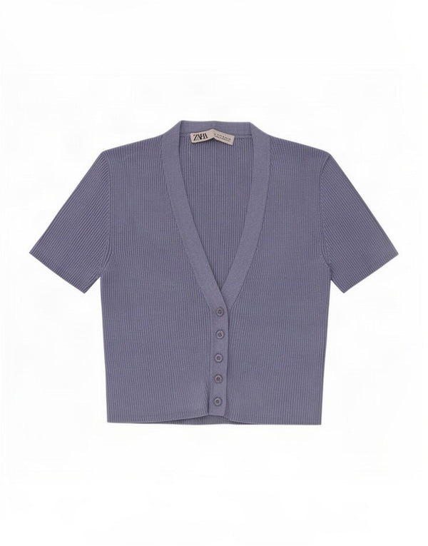 Cardigan feminino Zara cropped manga curta Reino Unido 12 viscose azul médio