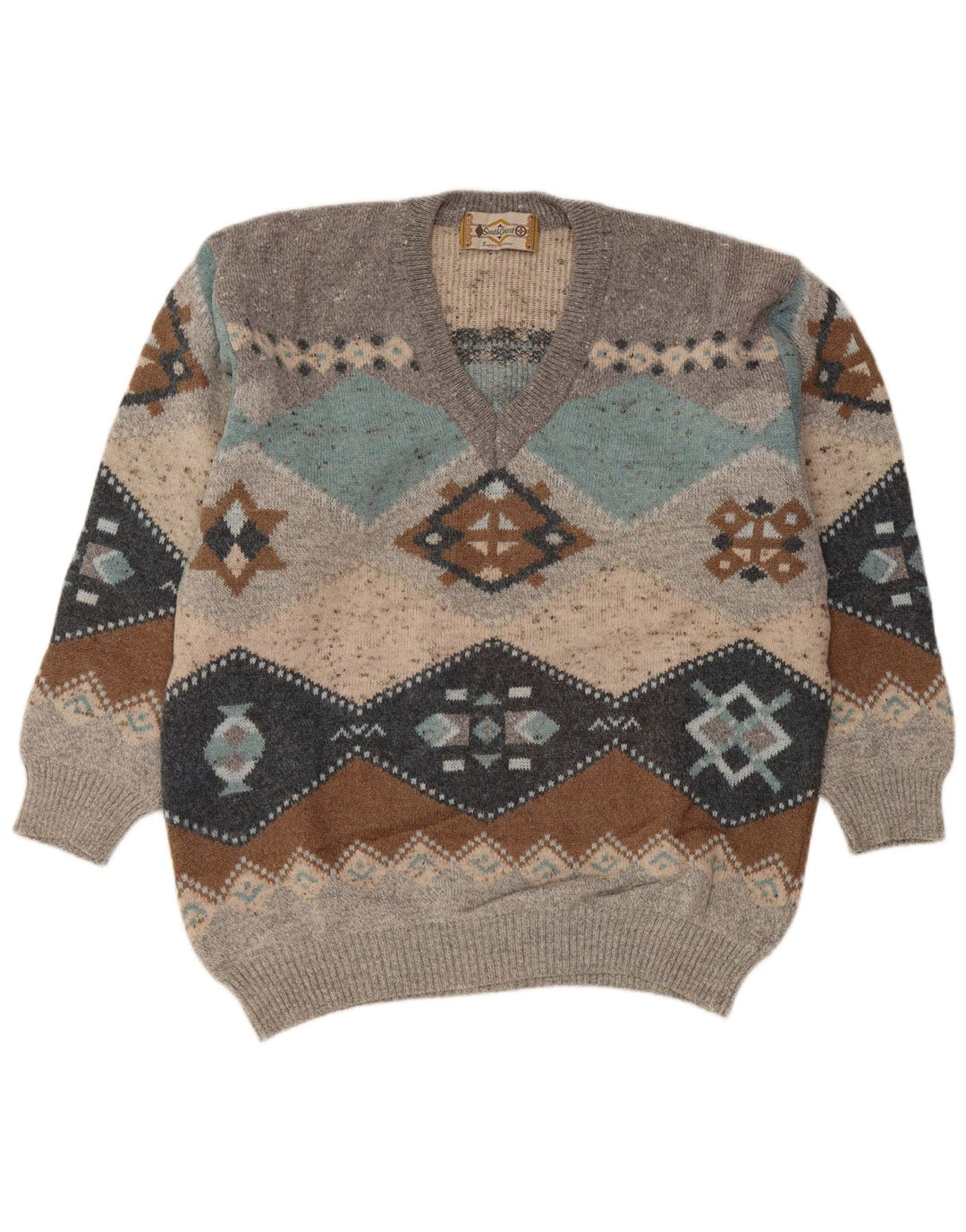 Suéter masculino com decote em V SOUTH COAST IT 54 XL cinza Fair Isle Wool