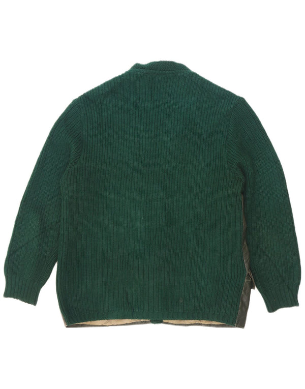 Suéter cardigã de couro masculino vintage UE 50 verde médio