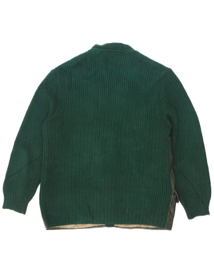 Suéter cardigã de couro masculino vintage UE 50 verde médio