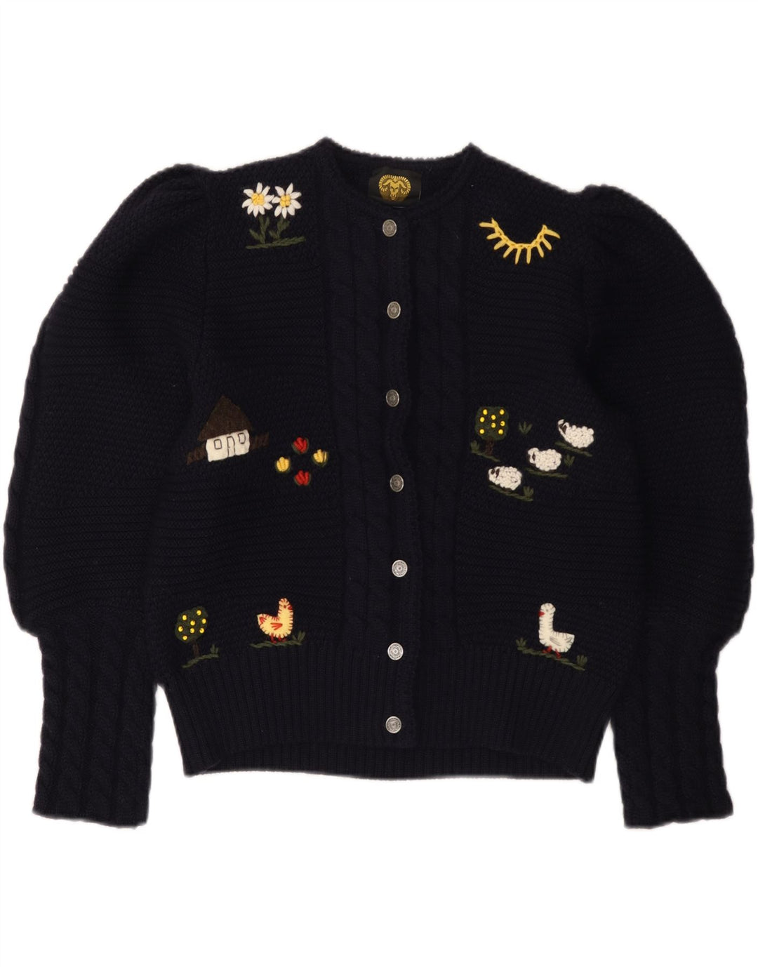 LANAMODEN Suéter cardigã feminino gráfico Reino Unido 16 grande azul marinho lã nova