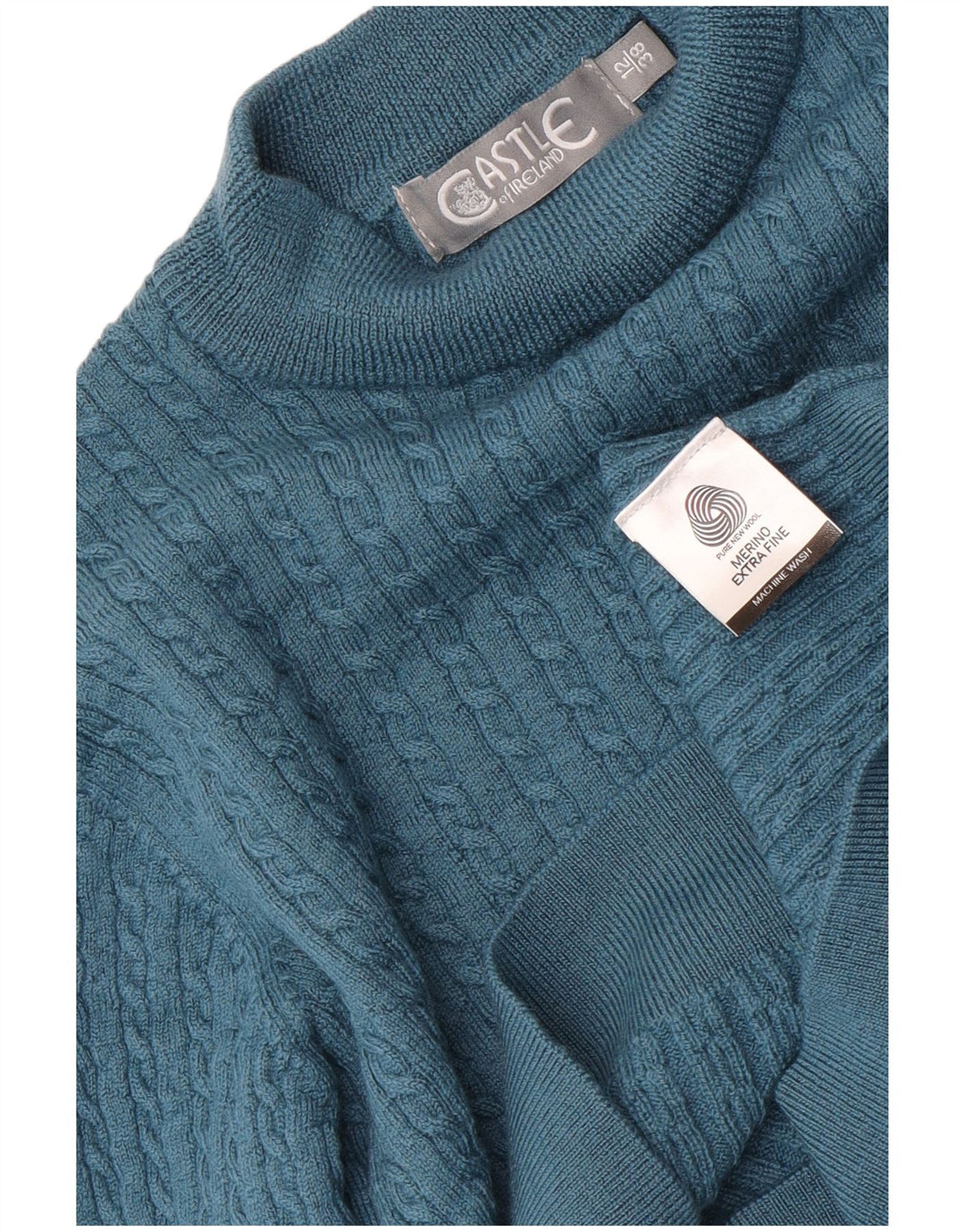 Suéter feminino Castle com gola tartaruga e gola alta Reino Unido 12 lã merino azul médio